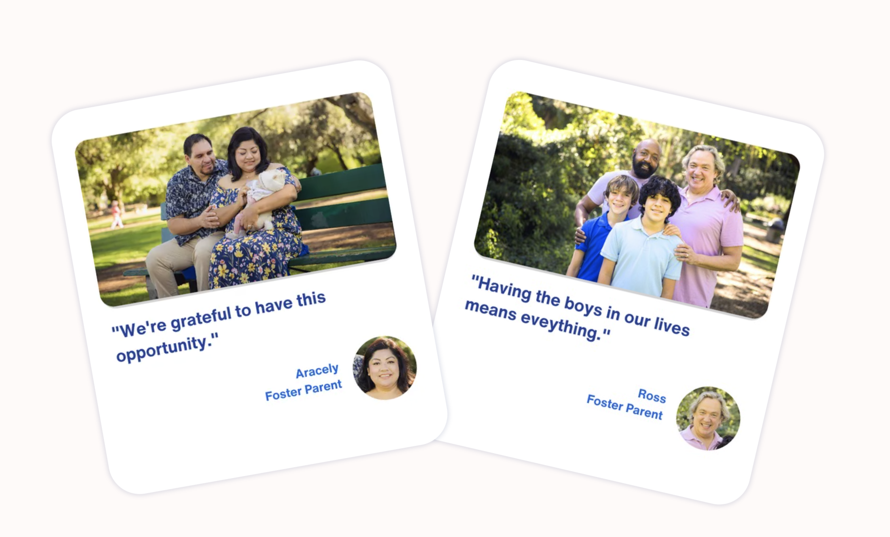 Polaroids of two families with testimonials of their experience fostering children. 